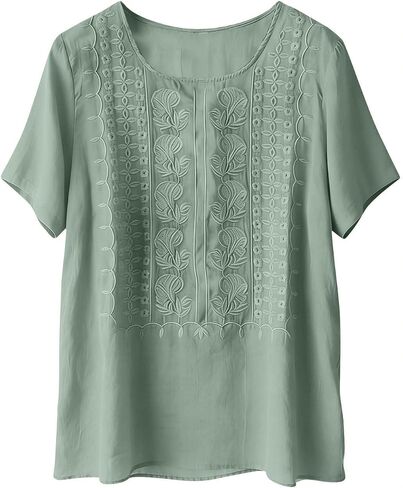 Embroidered Cotton Linen Tops for Women Short Sleeve Summer Boho Blouse 2026 Gauze Shirts Dressy Casual Work Tunics in Kuwait