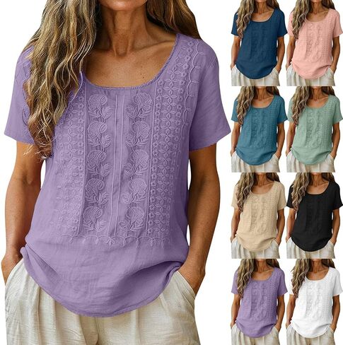 Embroidered Cotton Linen Tops for Women Short Sleeve Summer Boho Blouse 2026 Gauze Shirts Dressy Casual Work Tunics in Kuwait