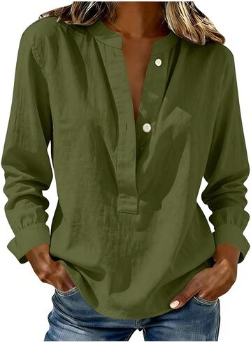 Cotton Linen Tops for Women Long Sleeve Button Up V Neck Casual Shirts Loose Fit Breathable Comfy Work Blouse in Kuwait