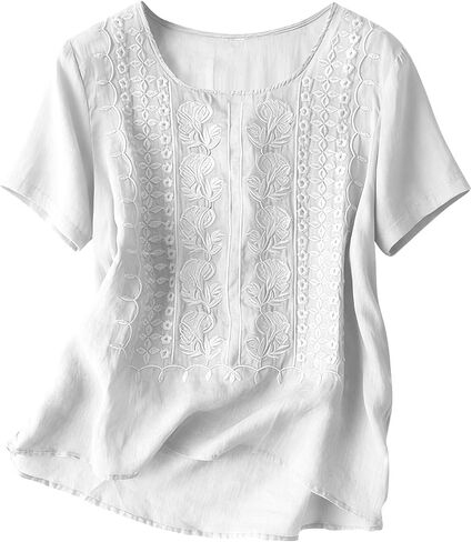 Embroidered Cotton Linen Tops for Women Short Sleeve Summer Boho Blouse 2026 Gauze Shirts Dressy Casual Work Tunics in Kuwait