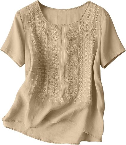 Embroidered Cotton Linen Tops for Women Short Sleeve Summer Boho Blouse 2026 Gauze Shirts Dressy Casual Work Tunics in Kuwait