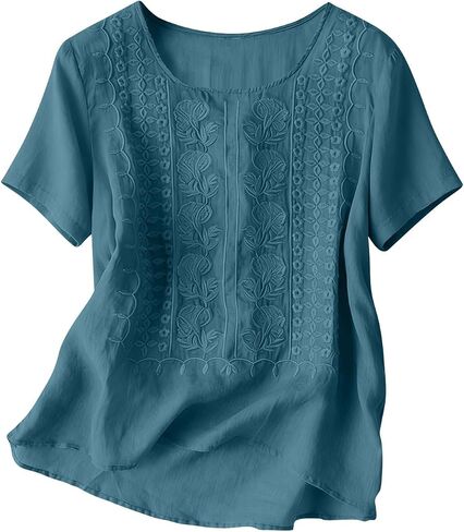 Embroidered Cotton Linen Tops for Women Short Sleeve Summer Boho Blouse 2026 Gauze Shirts Dressy Casual Work Tunics in Kuwait