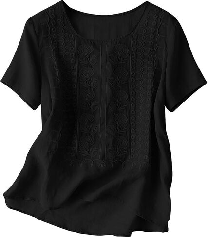 Embroidered Cotton Linen Tops for Women Short Sleeve Summer Boho Blouse 2026 Gauze Shirts Dressy Casual Work Tunics in Kuwait