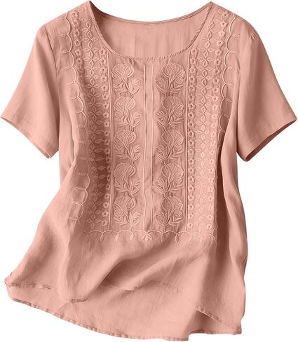 Embroidered Cotton Linen Tops for Women Short Sleeve Summer Boho Blouse 2026 Gauze Shirts Dressy Casual Work Tunics in Kuwait