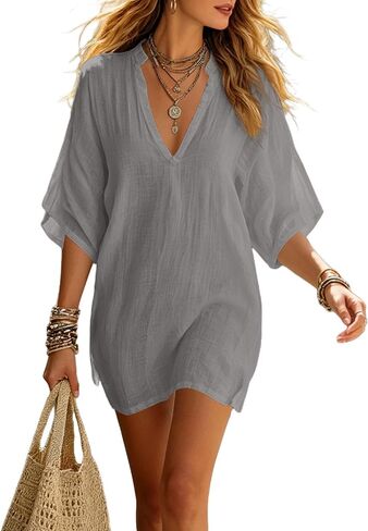 Women's Oversized Linen Tunic Dress V Neck Batwing Sleeve Loose Casual Boho Summer Beach Cover Up Top Cotton Vacation Blouse in Kuwait