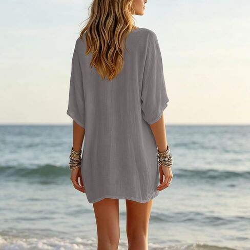 Women's Oversized Linen Tunic Dress V Neck Batwing Sleeve Loose Casual Boho Summer Beach Cover Up Top Cotton Vacation Blouse in Kuwait