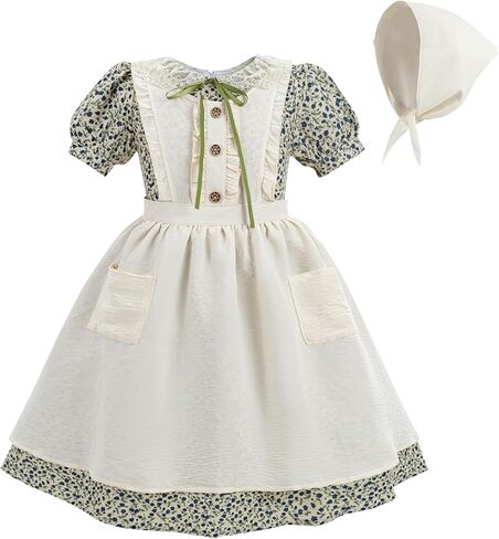 NSPSTT Girls Pioneer Dress Green Floral Colonial Dresses Kids Prairie Costume with Apron in Kuwait