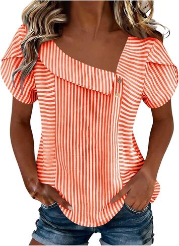 Petal Sleeve Tops for Women Irregular Neck Blouses Casual Loose Fit Shirts Summer Everyday Fashion Tunic Shirt in Saudi Arabia