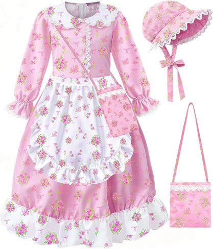 Colonial Costume Girls, Pioneer Dresses for Girls Ages 4-12 | Pioneer Costume, Floral Prairie Dress with Apron, Purse & Bonnet, Christmas Gift, Halloween Gifts ,Birthday Gift for Girls in Saudi Arabia