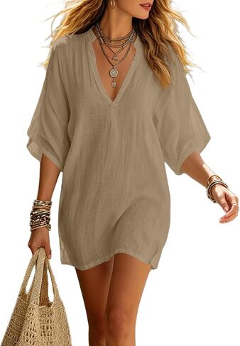 Women's Oversized Linen Tunic Dress V Neck Batwing Sleeve Loose Casual Boho Summer Beach Cover Up Top Cotton Vacation Blouse in Kuwait