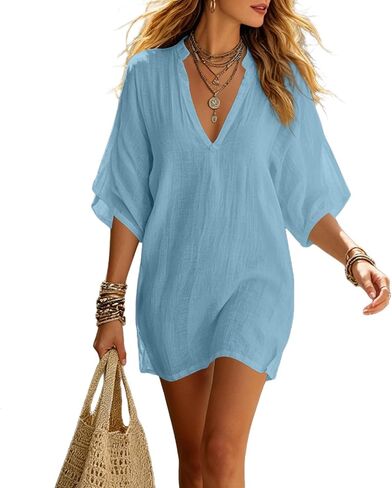 Women's Oversized Linen Tunic Dress V Neck Batwing Sleeve Loose Casual Boho Summer Beach Cover Up Top Cotton Vacation Blouse in Kuwait