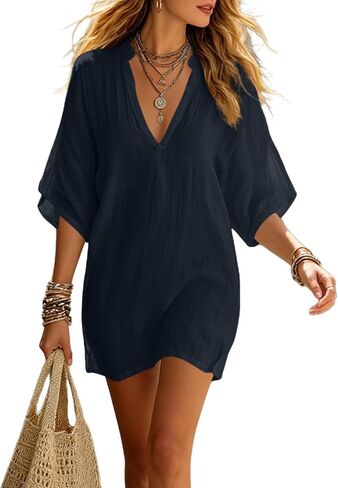 Women's Oversized Linen Tunic Dress V Neck Batwing Sleeve Loose Casual Boho Summer Beach Cover Up Top Cotton Vacation Blouse in Kuwait