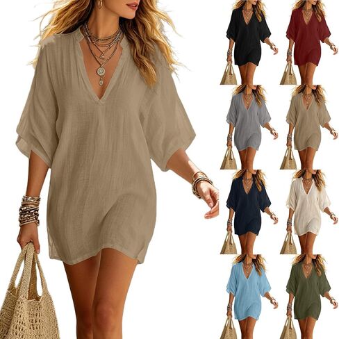 Women's Oversized Linen Tunic Dress V Neck Batwing Sleeve Loose Casual Boho Summer Beach Cover Up Top Cotton Vacation Blouse in Kuwait