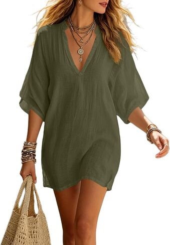 Women's Oversized Linen Tunic Dress V Neck Batwing Sleeve Loose Casual Boho Summer Beach Cover Up Top Cotton Vacation Blouse in Kuwait