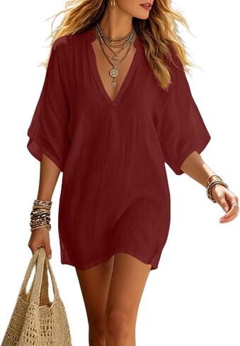 Women's Oversized Linen Tunic Dress V Neck Batwing Sleeve Loose Casual Boho Summer Beach Cover Up Top Cotton Vacation Blouse in Kuwait