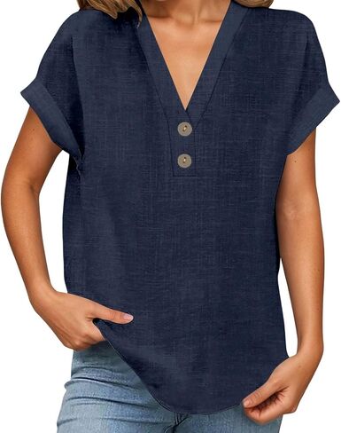 Womens Linen Shirt Summer Short Sleeve Button V Neck Casual Lightweight Loose Fit Comfy Linen Beach Tunic Tops Blouse in Kuwait