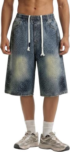 Vamtac Baggy Jean Shorts Men Y2K Rhinestone Denim Jorts Loose Elastic Waist Straight Leg Summer Streetwear in Kuwait