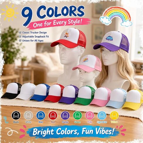 72 حزمة قبعات سائقي الشاحنات الملونة السائبة قابل للتعديل التسامي القبعات فارغة Snapback شبكة قبعة بيسبول للرجل المرأة in Kuwait