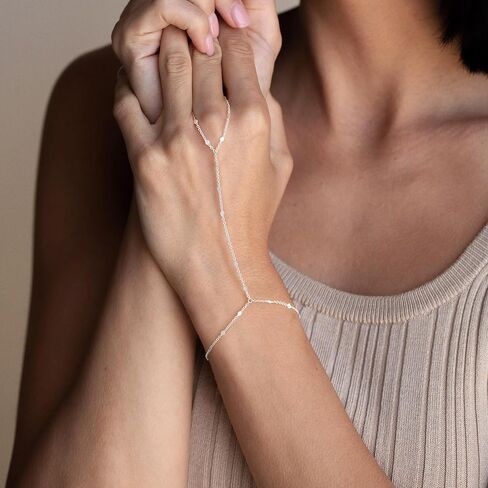 IEFWELL Silver Plated Hand Chain Bracelet for Women - Dainty Satellite Beads Cable Twisted Sequins Hand Chain Bracelet Finger Ring, Birthday Jewelry Gifts for Women in Saudi Arabia
