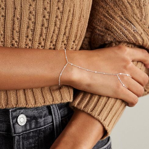 IEFWELL Silver Plated Hand Chain Bracelet for Women - Dainty Satellite Beads Cable Twisted Sequins Hand Chain Bracelet Finger Ring, Birthday Jewelry Gifts for Women in Saudi Arabia