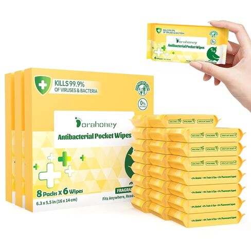 Travel Antibacterial Hand Wipes, 99% Water Hand Sanitizer Wipes, Safe for Sensitive Skin & Hypoallergenic Hand Sanitizing Pocket Wipes, 48 Count (8 Packs of 6) in Kuwait