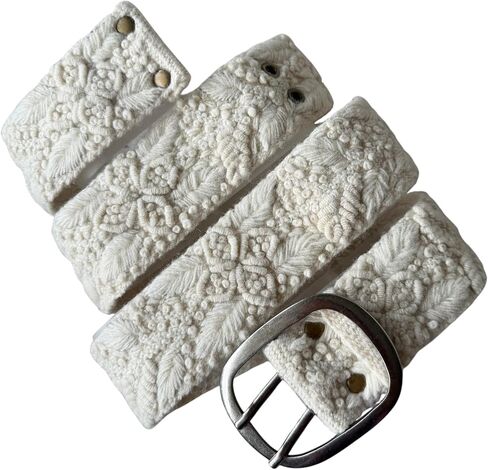 Peruvian Embroidered Flower Wool Belt, Hand Embroidered - White Meadow in Saudi Arabia