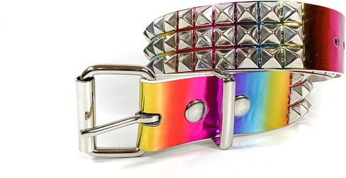 Rainbow Holographic Three Row Black Pyramid Stud Rave Studded Belt Vegan Punk Goth in Saudi Arabia