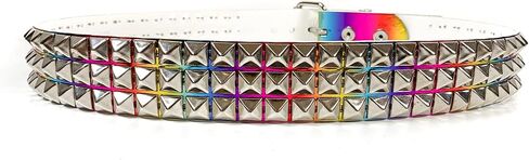 Rainbow Holographic Three Row Black Pyramid Stud Rave Studded Belt Vegan Punk Goth in Saudi Arabia