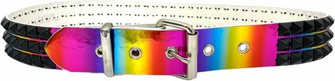 Rainbow Holographic Three Row Black Pyramid Stud Rave Studded Belt Vegan Punk Goth in Saudi Arabia