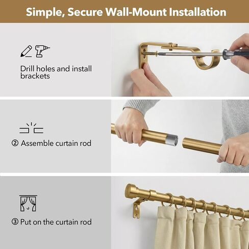 IFELS Brass Curtain Rods for Windows 32 to 150 Inch,1 Inch Heavy Duty Brush Gold Window Curtain Rod with Solid Metal Finials,Adjustable Length long curtain rod for Farmhouse Bedroom Living Room in Saudi Arabia