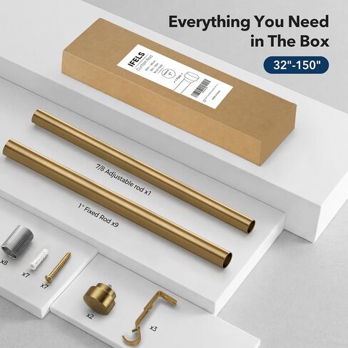 IFELS Brass Curtain Rods for Windows 32 to 150 Inch,1 Inch Heavy Duty Brush Gold Window Curtain Rod with Solid Metal Finials,Adjustable Length long curtain rod for Farmhouse Bedroom Living Room in Saudi Arabia