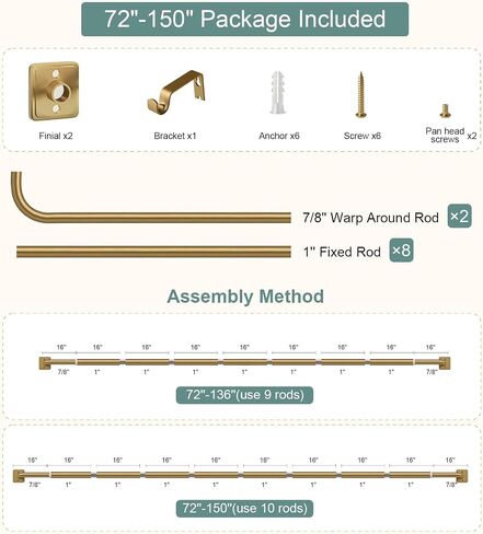 Lootkell Warm Gold Wrap Around Curtain Rods for Windows 72-144 Inch, Adjustable Blackout Window Curtain Rod Heavy Duty 1" Metal Drapery Rod with French Return Design for Bedroom Living Room Kitchen in Saudi Arabia