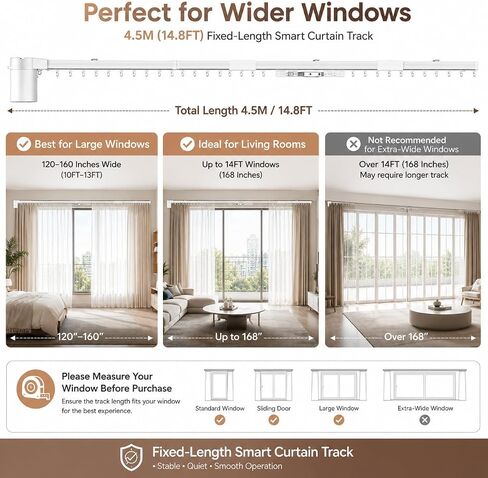 Smart Electric Curtain Track, 177" Motorized Curtain Rail with APP & Remote Control, Ultra Quiet Automatic Smart Home Curtain System for Living Room Bedroom, Fixed-Length Design for Smoother Operation in Kuwait