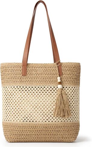Straw Tote Beach Bags for Women 2026 Summer Vacation Zipper Woven Bag with Leak-Proof Lining Boho Shoulder Purse in Saudi Arabia