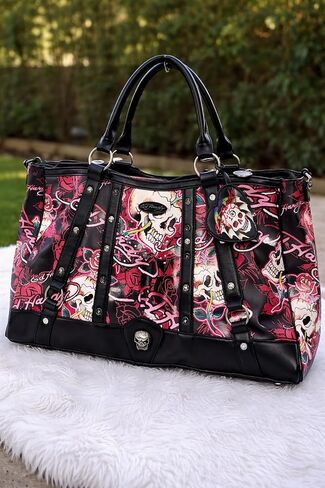 ED HARDY Skull Rose Tote Bag with Shoulder Handles and Detachable Crossbody Strap, Studded Faux Leather Large Handbag 17 x 10 Inches (Rebel Rose Noir) in Kuwait