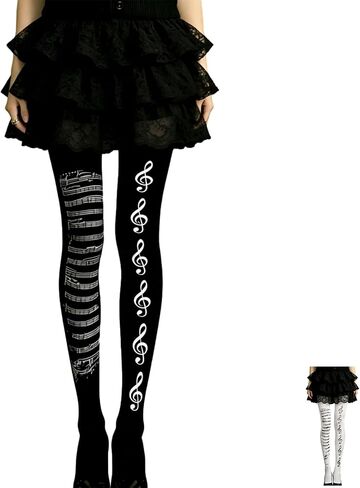 Whimsy Music Note Tights - بنطال ضيق غير تقليدي بنمط Y2K Grunge للنساء، شخصية فردية in Kuwait