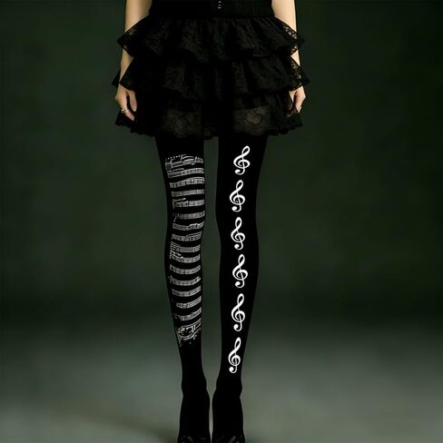 Whimsy Music Note Tights - بنطال ضيق غير تقليدي بنمط Y2K Grunge للنساء، شخصية فردية in Kuwait