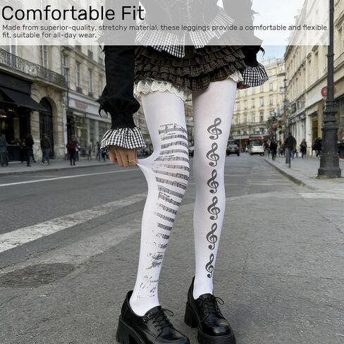 Whimsy Music Note Tights - بنطال ضيق غير تقليدي بنمط Y2K Grunge للنساء، شخصية فردية in Kuwait