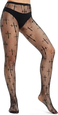 Cross Fishnets Tights, Black Lace Fishnet Tights Fish Net Stockings for Women with Style Cross Patterns, Goth Emo Fishnet Style, Ideal for Plus Size & One Size, Comfortable & Stylish for Everyday Wear in Kuwait