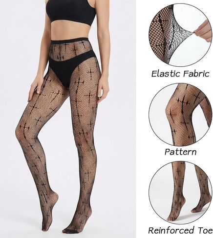 Cross Fishnets Tights, Black Lace Fishnet Tights Fish Net Stockings for Women with Style Cross Patterns, Goth Emo Fishnet Style, Ideal for Plus Size & One Size, Comfortable & Stylish for Everyday Wear in Kuwait