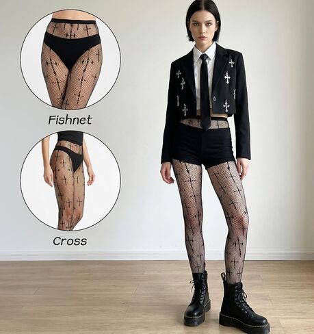 Cross Fishnets Tights, Black Lace Fishnet Tights Fish Net Stockings for Women with Style Cross Patterns, Goth Emo Fishnet Style, Ideal for Plus Size & One Size, Comfortable & Stylish for Everyday Wear in Kuwait