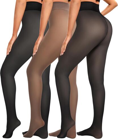 Bebila 3 Pairs Fleece Lined Tights for Women Warm Sheer Thermal Pantyhose, Winter Thermal Tights Translucent Leggings in Saudi Arabia