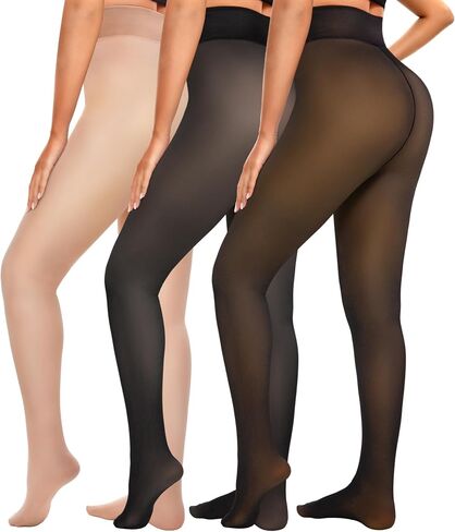 Bebila 3 Pairs Fleece Lined Tights for Women Warm Sheer Thermal Pantyhose, Winter Thermal Tights Translucent Leggings in Saudi Arabia