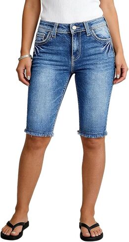 Flamingals High Waist Denim Bermuda Shorts for Women Star & Stripe Embroidery Trendy Raw Hem Ripped Jean Shorts with Pockets in Saudi Arabia