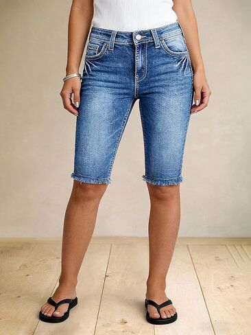 Flamingals High Waist Denim Bermuda Shorts for Women Star & Stripe Embroidery Trendy Raw Hem Ripped Jean Shorts with Pockets in Saudi Arabia
