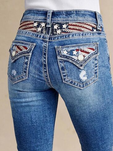 Flamingals High Waist Denim Bermuda Shorts for Women Star & Stripe Embroidery Trendy Raw Hem Ripped Jean Shorts with Pockets in Saudi Arabia