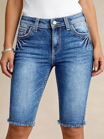 Flamingals High Waist Denim Bermuda Shorts for Women Star & Stripe Embroidery Trendy Raw Hem Ripped Jean Shorts with Pockets in Saudi Arabia