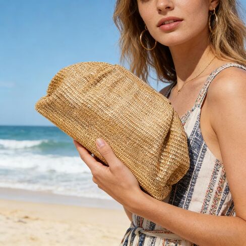Straw Clutch Purse for Women,Woven Clutch Bags, Pleated Clutch Purse,Fashion Beach bag for Summer Beach Holiday Trip in Kuwait