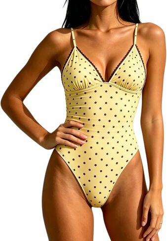 One Piece Polka Dot Swimsuit for Women Deep V-Neck Full Coverage Bathing Suits Ruffle Trim Tummy Control Swimsuit in Saudi Arabia