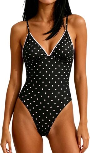 One Piece Polka Dot Swimsuit for Women Deep V-Neck Full Coverage Bathing Suits Ruffle Trim Tummy Control Swimsuit in Saudi Arabia